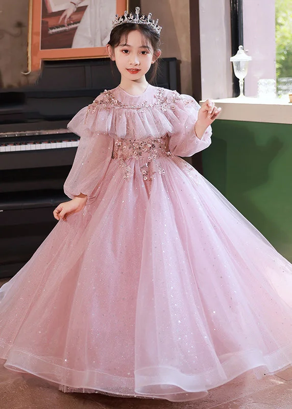 Beautiful Pink Sequins Patchwork Tulle Kids Maxi Dress Fall RP029 Sequin Dress Casual