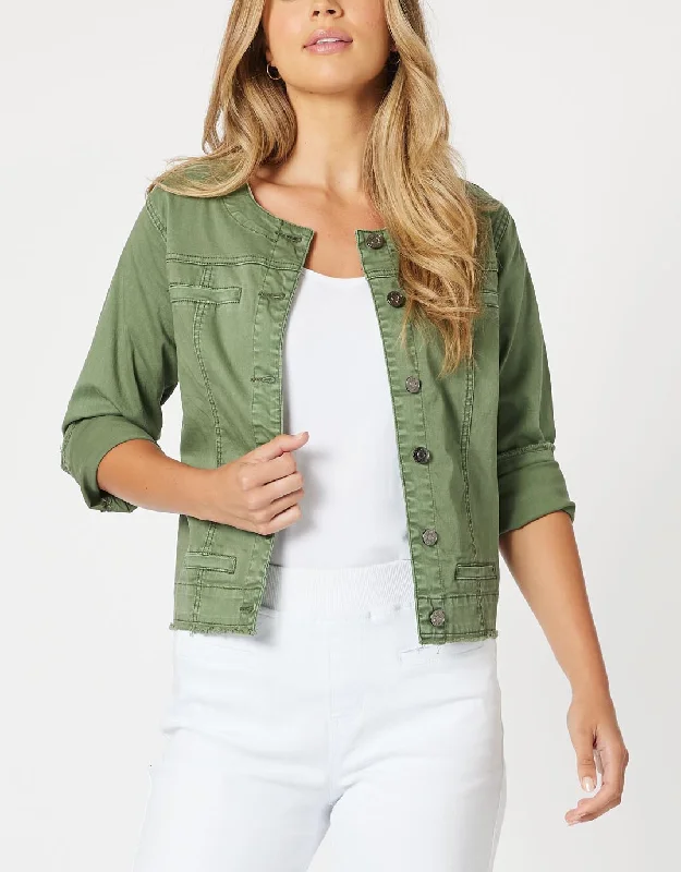 Collarless Denim Jacket - Khaki Embroidered Denim Skirt