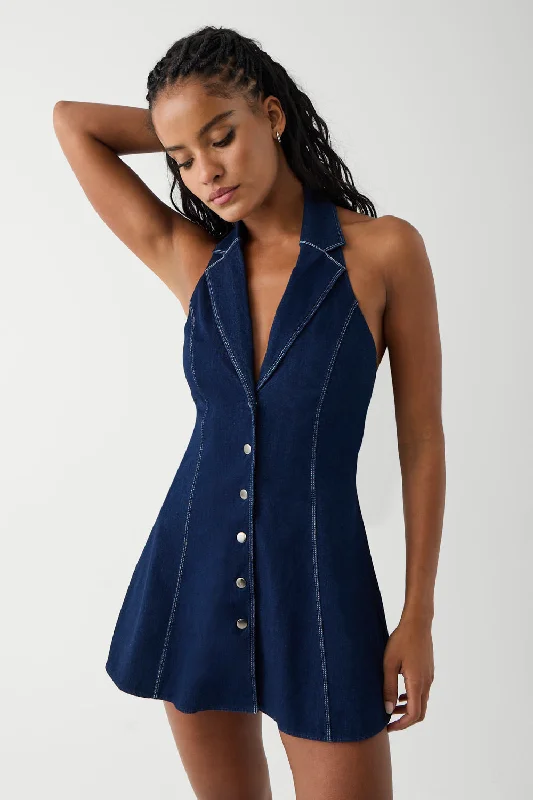 Moonlight Denim Halter Dress | Blue Denim Fitted Denim Skirt