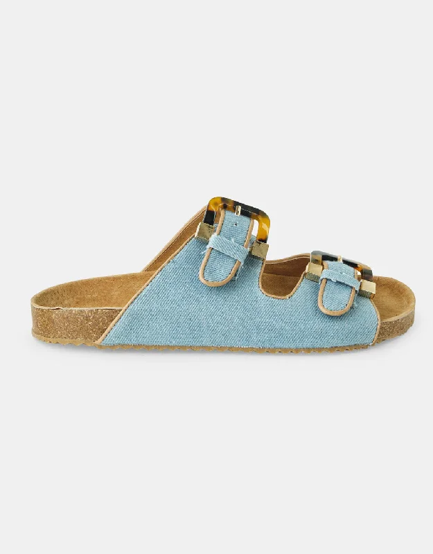 Bailey Denim Slides - Light Denim Button Detail Denim