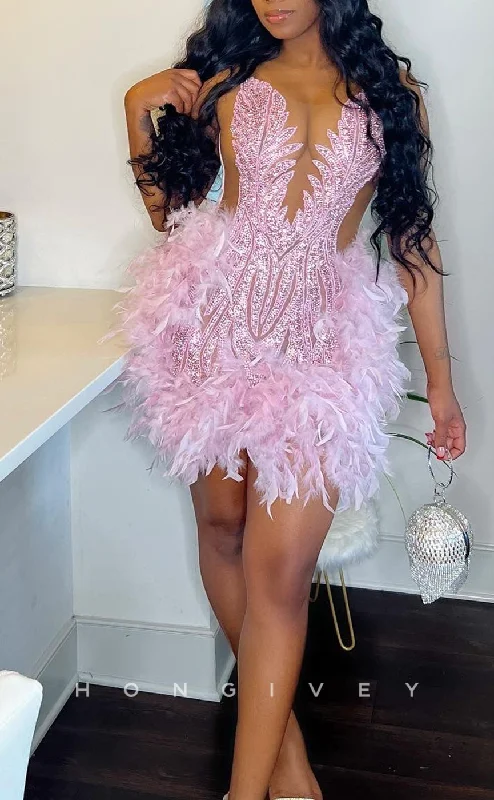 H2093 - Sexy Fitted Glitter Illusion Scoop Sleeveless Sequined Feathers Homecoming Dresses For Black Women Floor-length Sequin Dress