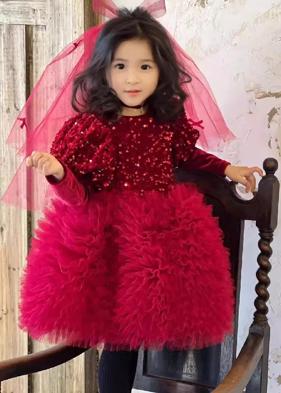 Stylish Red Silk Velour Sequins Tulle Kids Long Dress Winter RP031 Sequin Dress Appeal