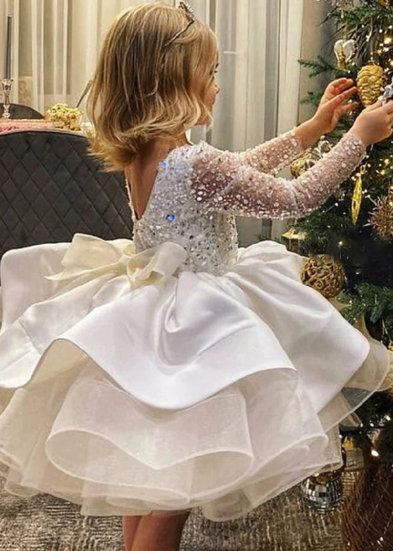 Elegant White Backless Sequins Patchwork Tulle Kids Mid Dresses Fall RP040 Strapless Sequin Dress