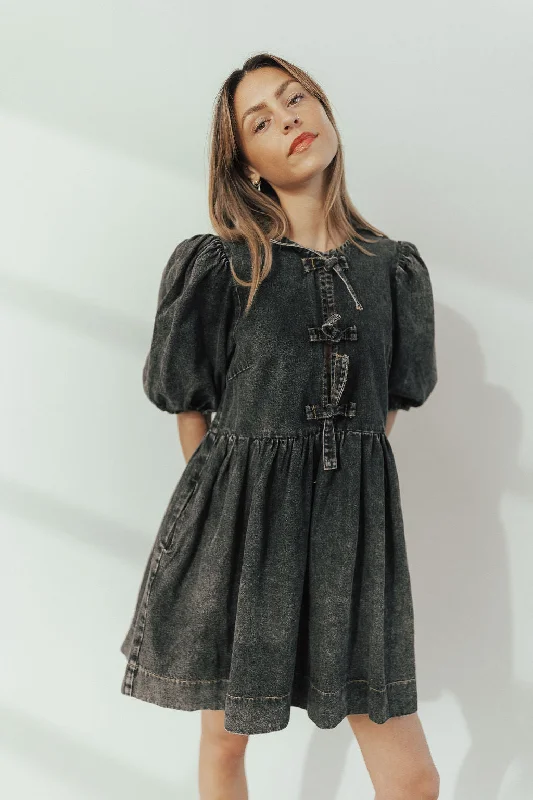 Zuri Denim Dress in Black Mid-Length Denim Skirt