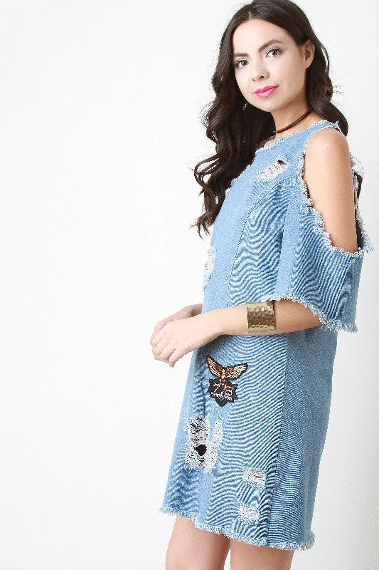 Distressed Denim Patch Shift Dress Tattered Denim Skirt