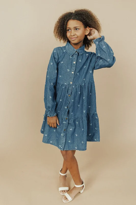 GIRLS Bow Denim Dress Embroidered Denim Skirt