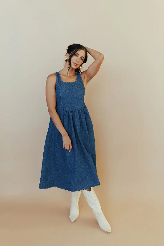 Violet Denim Dress in Medium Wash Trendy Denim Skirt