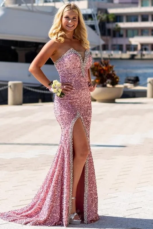 Strapless V-Neck Sequined Beads High Slit Mermaid Formal Prom Dress Silver Glitter Sequin