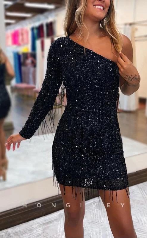 H1837 - Fitted One Shoulder Fully Sequined Beaded Fringe Short Homecoming Dress Lush Sequin Dress