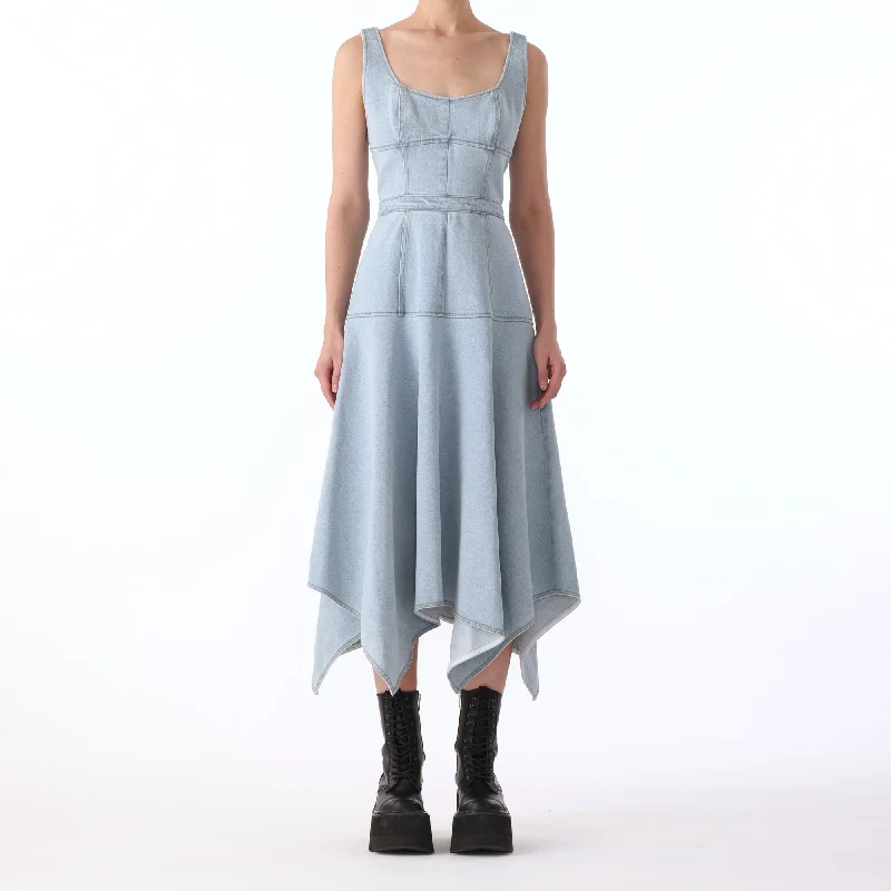 S/L DENIM DRESS w/ ASYMMETRICAL HEM Wide Leg Denim Skirt