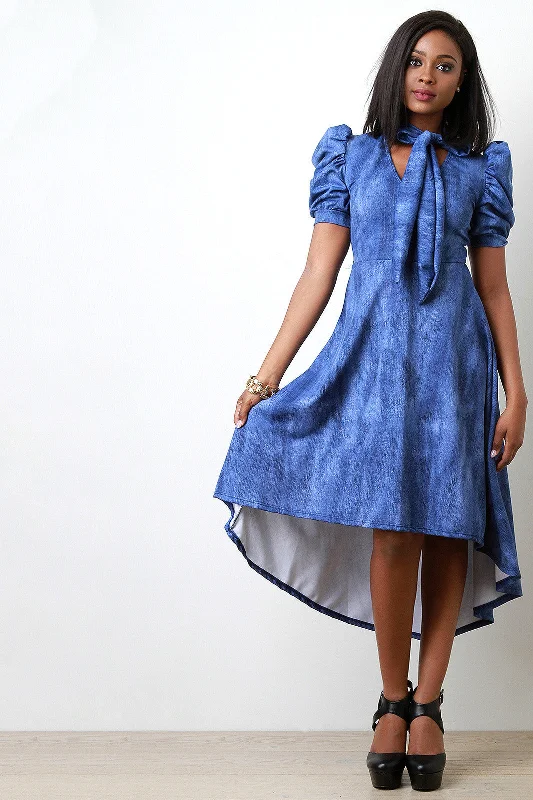 Denim Print Self-Tie V-Neck Puff Sleeves Dress Vintage Style Denim