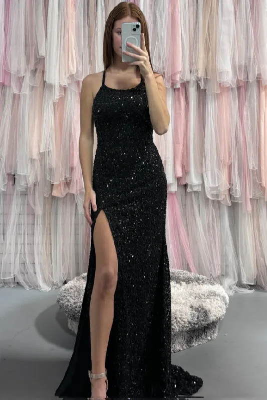 Black Sequined Mermaid Scoop Neck Sleeveless Long Prom Dress with Slit Metallic Sequin Dress