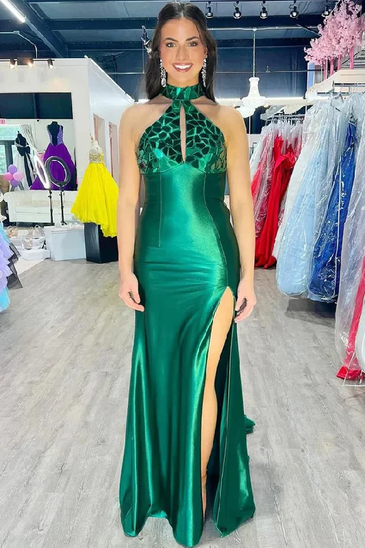 Green High Neck Mirror-Cut Sequins Mermaid Prom Dress with Slit Sequin Dress Glamour