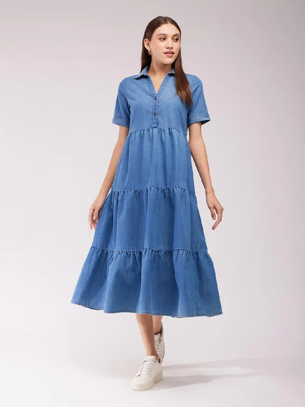 Denim Tiered Dress - Blue Raw Hem Denim