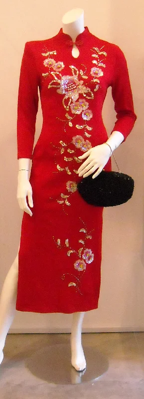 Gorgeous Vintage Crimson Red Sequinned Cheongsam Dress Party Wear Sequin