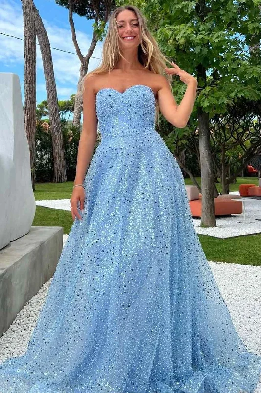 Sparkly A-Line Strapless Sweetheart Sequins Long Prom Dress Sleeveless Sequin Dress