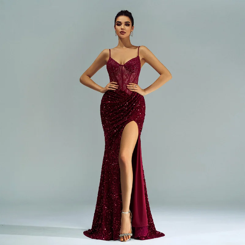 Spaghetti Straps Sequin Slit Maxi Dress Sequin Dress Shine