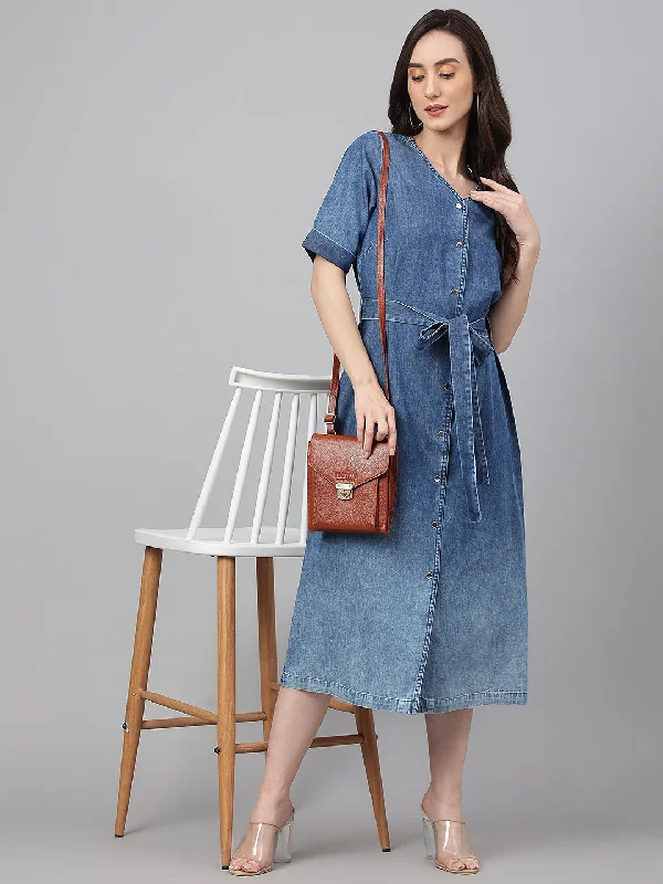 Blue Denim Solid Straight Western Dress Long Denim Skirt