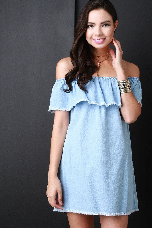 Frayed Ruffle Off the Shoulder Denim Dress Front Button Denim