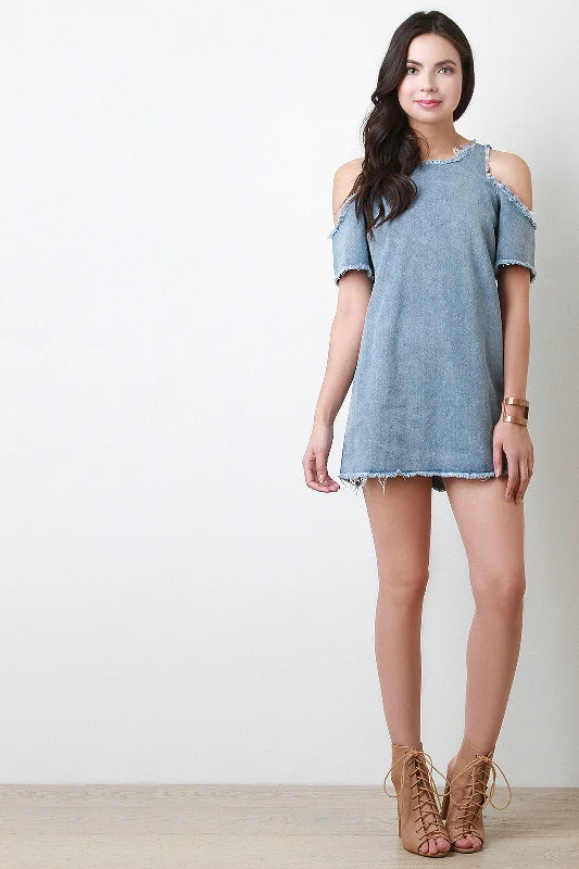 Cold Shoulder Fringed Denim Shift Dress Slim Denim Skirt