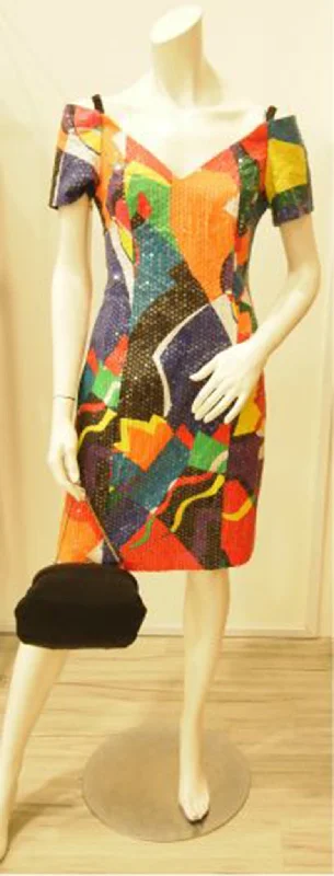 Rainbow Sequins Abstract Art Off-Shoulder Vintage Dress Sequin Dress Night