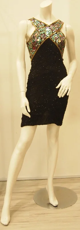 Showstopper Sequinned Black Vintage Dress V-neck Sequin Dress