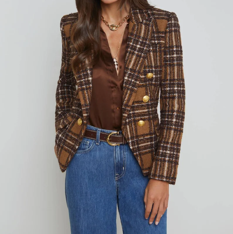 Kenzie Double Breasted Blazer In Brown /yellow Plaid Fashionable Women’s Blazer