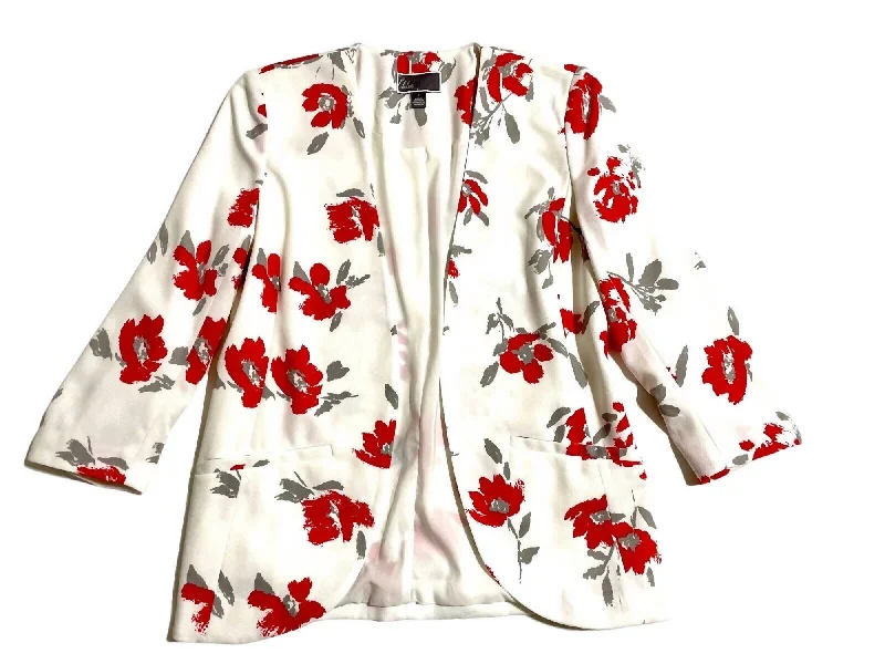 Women's Floral Print Open Front 3 Quarter Sleeve Blazer In White Chic Double-breasted Blazer