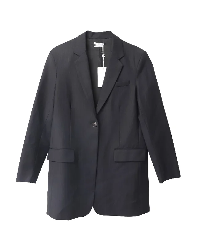 Co Pinstripe Single Breasted Long Blazer in Black Wool Black Blazer Jacket