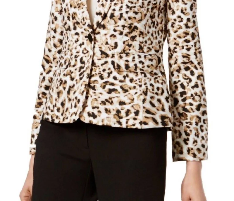 Leopard Print Notched Suit Jacket In Browns Checked Blazer for Women