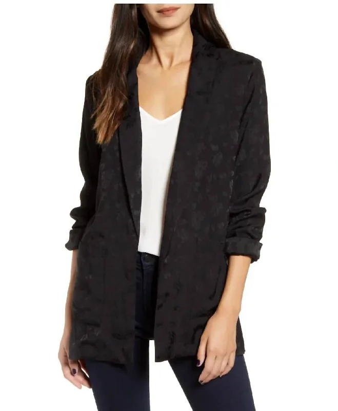 Floral Print Jacquard Open Front Shawl Collar In Black Office Ready Blazer