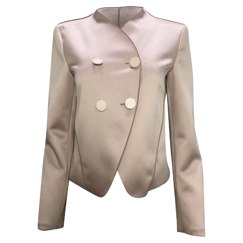 Giorgio Armani Uncollared Double-Breasted Blazer in Rose Polyester Stylish Blazer Jacket