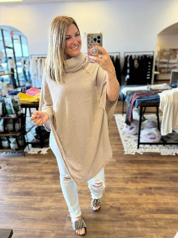 Madi - Asymmetrical Cowl Neck Poncho - Latte