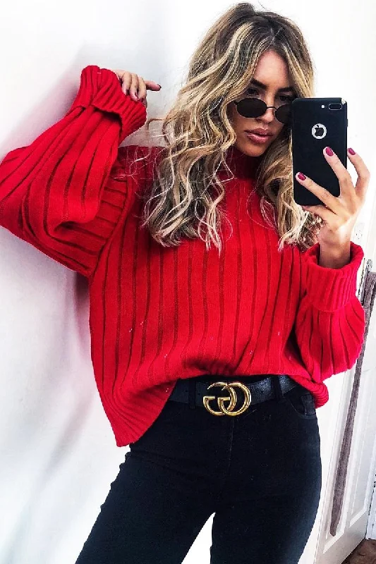 Red Knit High Neck Jumper - Jaelynn Pullover Sweater Outfit