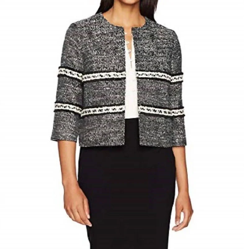 Cropped Tweed Open Front Blazer In White, Black Blazer Dress for Women