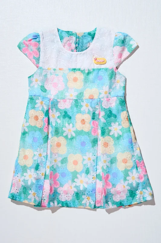 Baby Girls Floral Print Frock in Chikankari Cotton with Digital Prints and Lace Yoke
