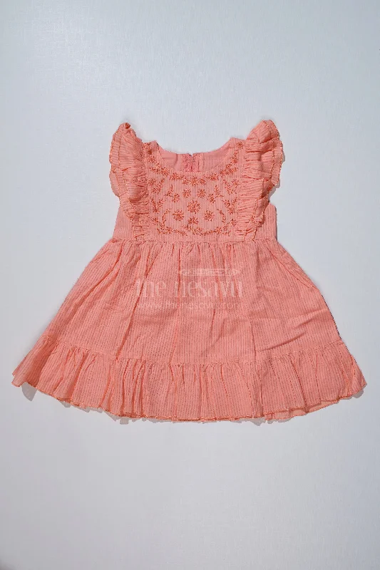 Simple Evening Dress for Girls in Cotton with Yoke Embroidery and Ruffled Hem