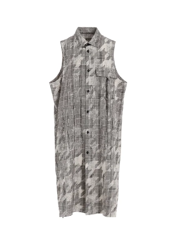 COTTON/LINEN PLAID×BIG HOUNDSTOOTH SLEEVELESS SHIRT DRESS