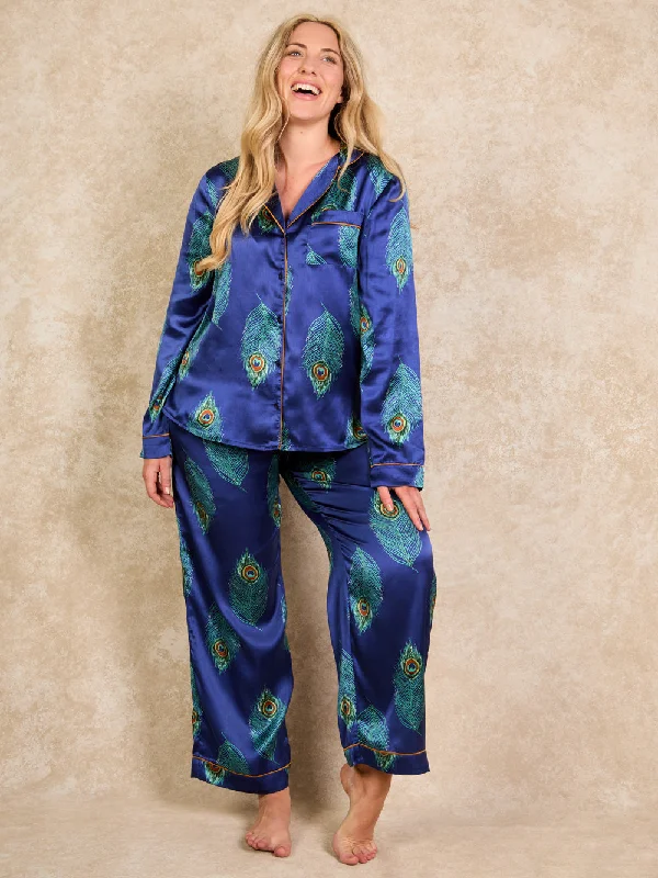 Womens Satin Traditional Pyjamas Navy Peacock Feather Luxury pajama sets