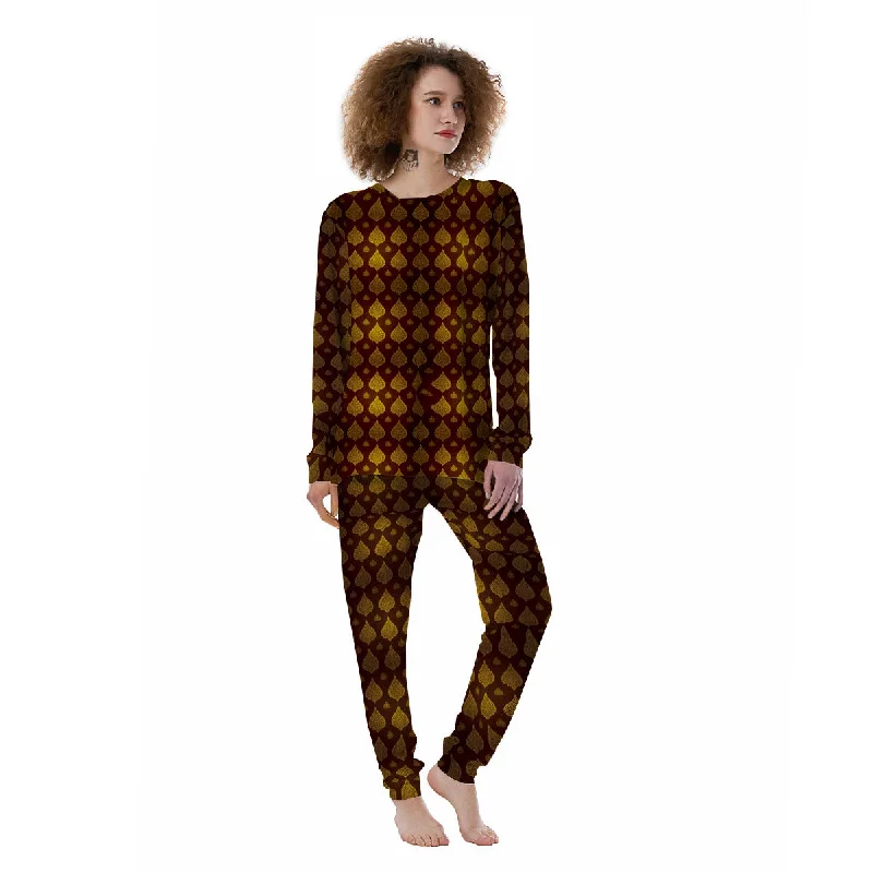 Thai Art Brown And Gold Print Pattern Women's Pajamas Long sleeve pajama sets