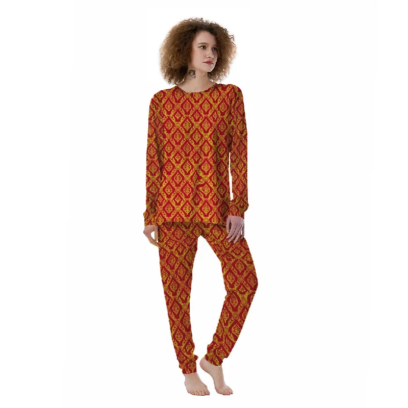 Thai Art Red And Gold Print Pattern Women's Pajamas Elegant pajama sets