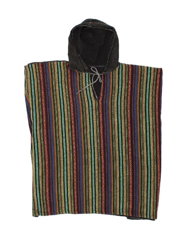 VINTAGE Womens Hooded Poncho Jumper One Size Multicoloured Striped Cotton Minimalist sweaters