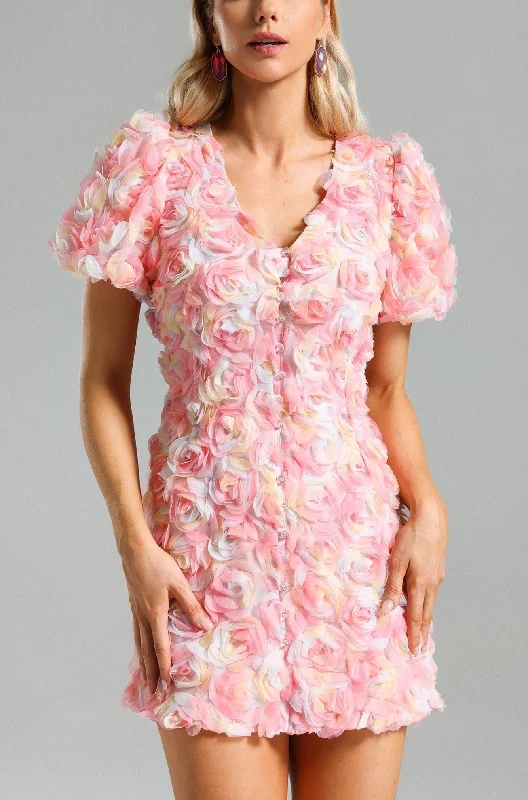 FAWN FLOWER EMBROIDERY BUTTON MINI DRESS IN PINK Trendy mini dresses under $50