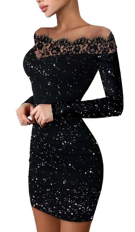 LACE STITCHING GLITTER MINI DRESS IN BLACK Chiffon mini dresses