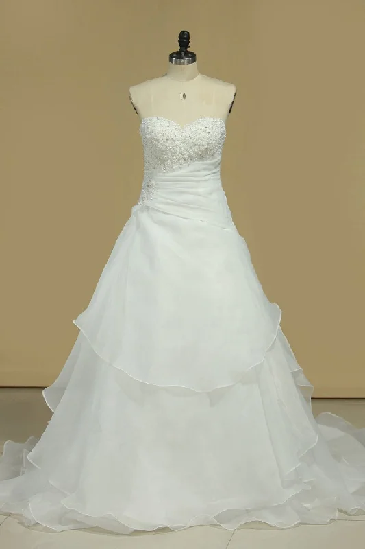 A Line Sweetheart Organza Wedding Dresses With Beads And Ruffles Romantic Lace Dress