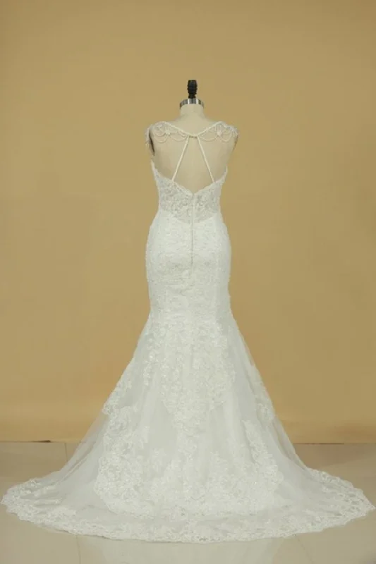 2024 Spaghetti Straps Mermaid Wedding Dresses Tulle With PRQAM7FD Ruffle Wedding Gown