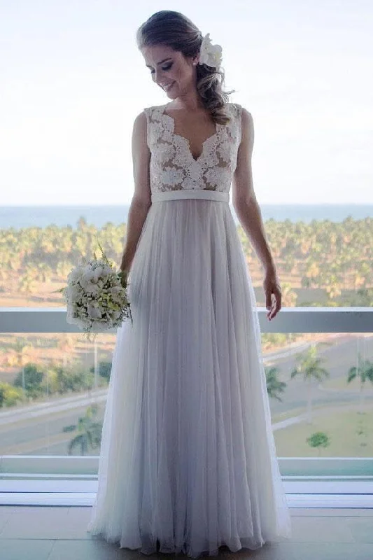 A Line Floor Length V Neck Sleeveless Tulle Beach Wedding Dress With Lace N2401 Full Skirt Gown