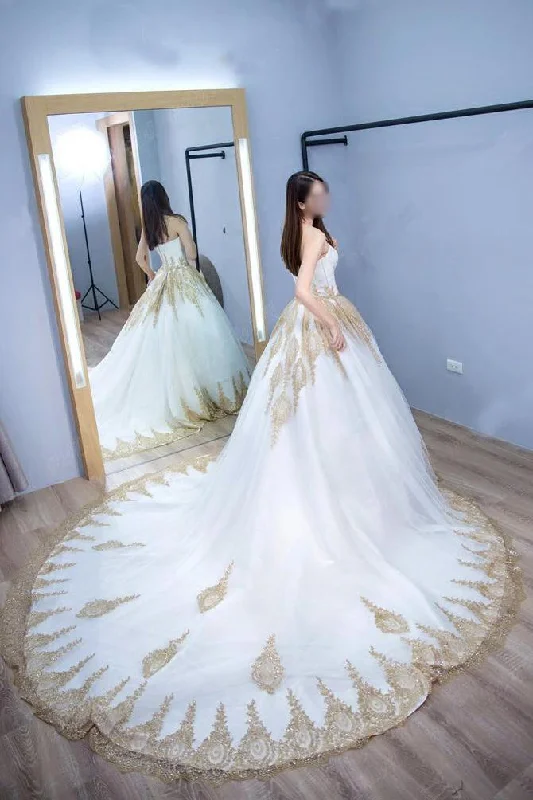 Princess Ball Gown Strapless Court Train White Tulle Wedding Dress With Gold Lace,bridal Dress,N399 Simple Satin Gown