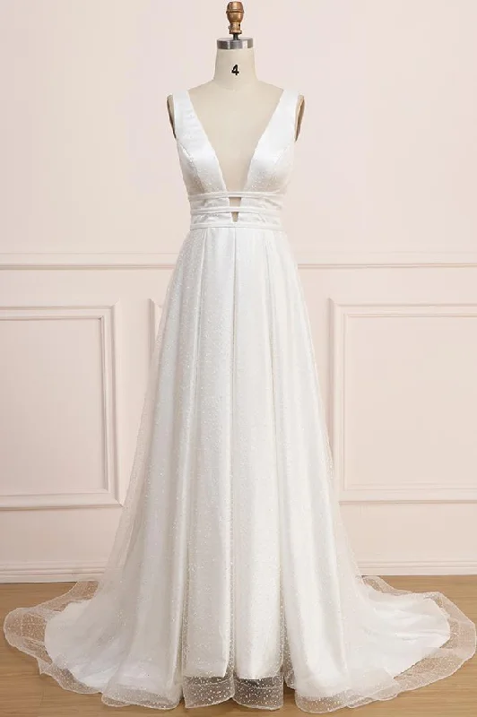 A Line Deep V Neck Sleeveless Bridal Dress Backless Long Wedding Dress N2270 Chic Lace Dress