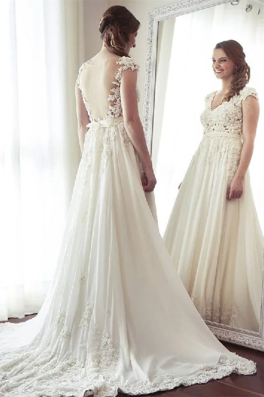 Delicate V Neck Cap Sleeves Sweep Train Backless Wedding Dresses Full Skirt Gown